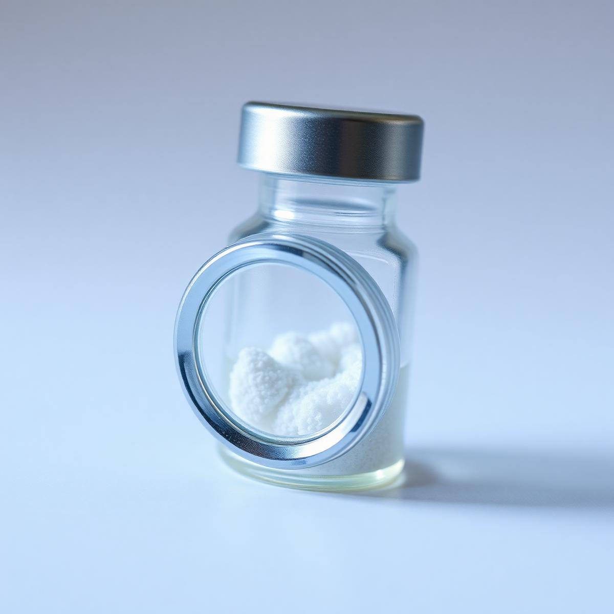 Macro photograph of a single research peptide vial under laboratory lighting